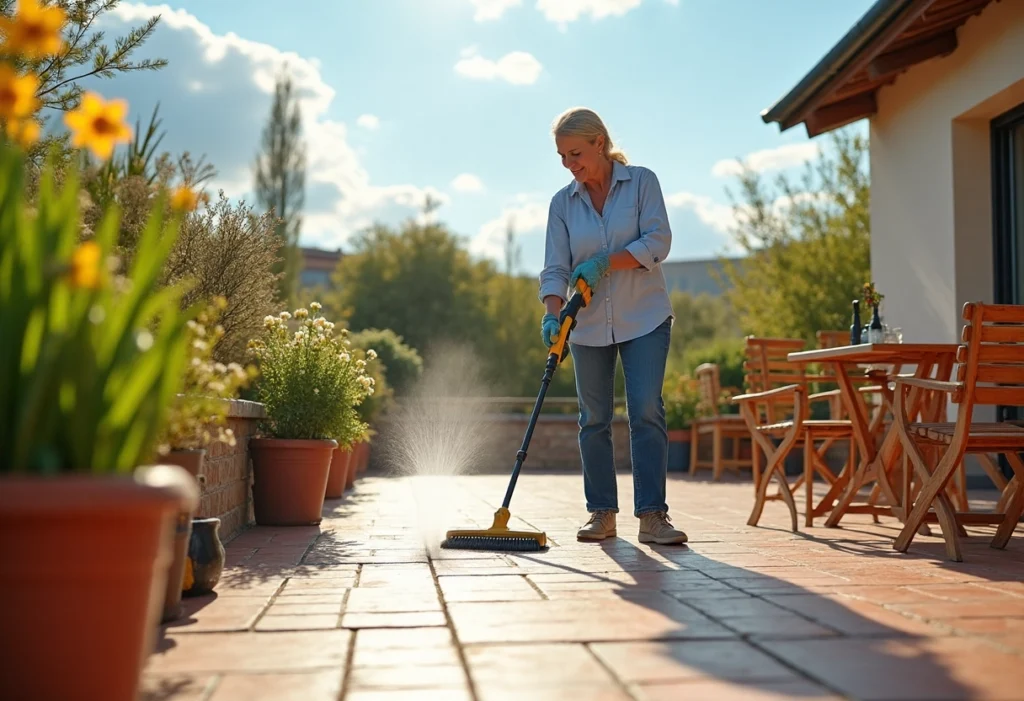 Femme nettoyant sa terrasse avec un balais nettoyeur Femme nettoyant sa terrasse avec un balais nettoyeur