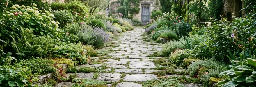 Allée dallée dont les joints sont envahis de plantes vertes basses.