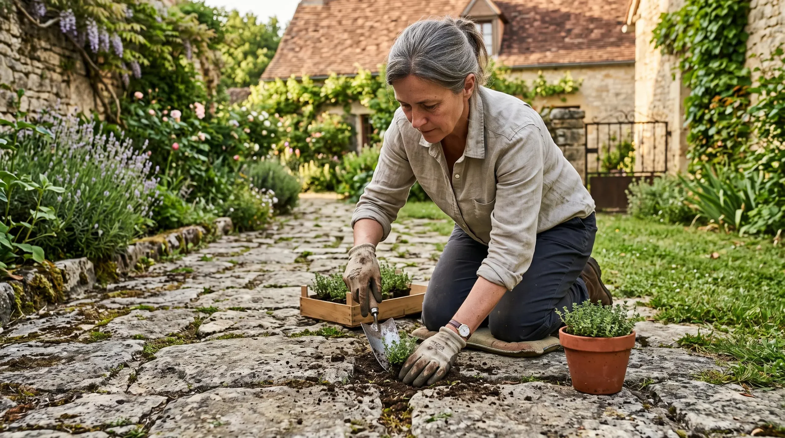 Une personne plante des jeunes plants de thym dans les joints de dalles.